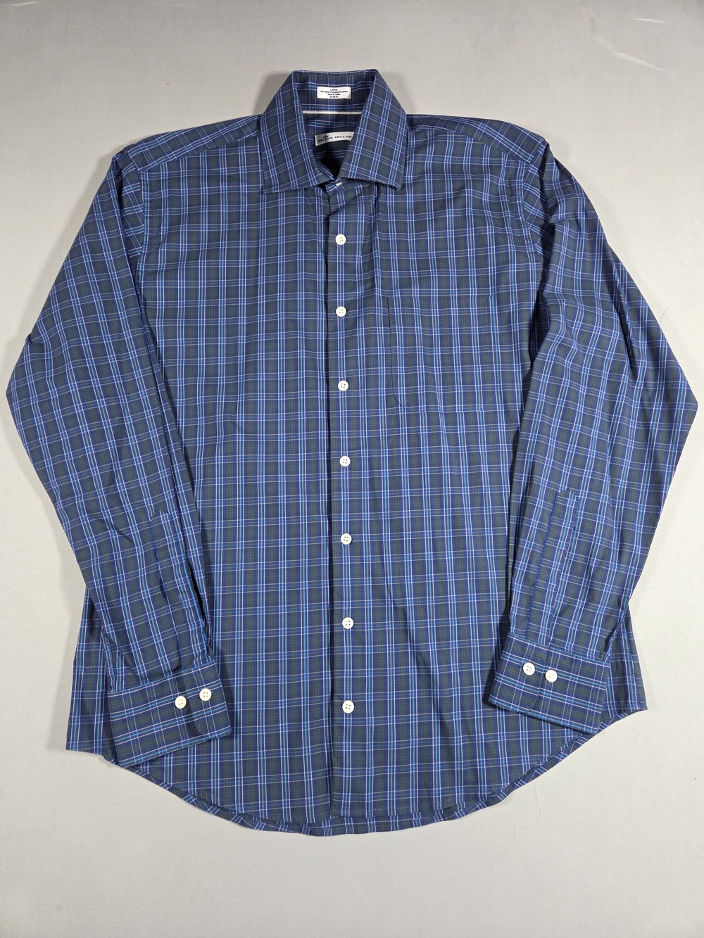 Peter Millar Mens Blue and Navy Plaid Performance Dress Shirt Large